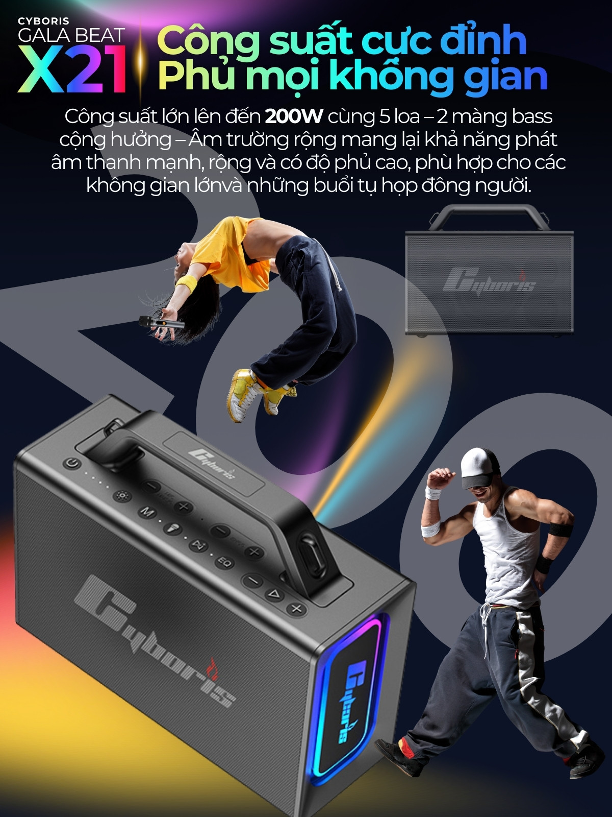 Loa Bluetooth Karaoke Cyboris X21, Công suất 200W, Loa siêu Bass, Chống nước IPX6, Pin 20000mAh.