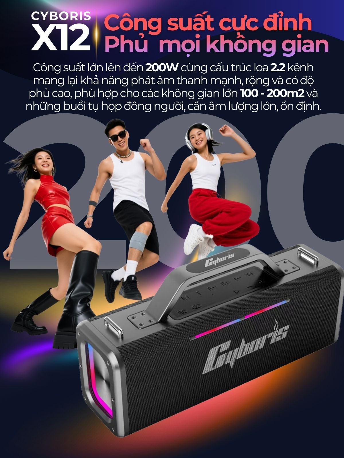 Loa Bluetooth Cyboris X12 200W – Karaoke không dây hoàn hảo