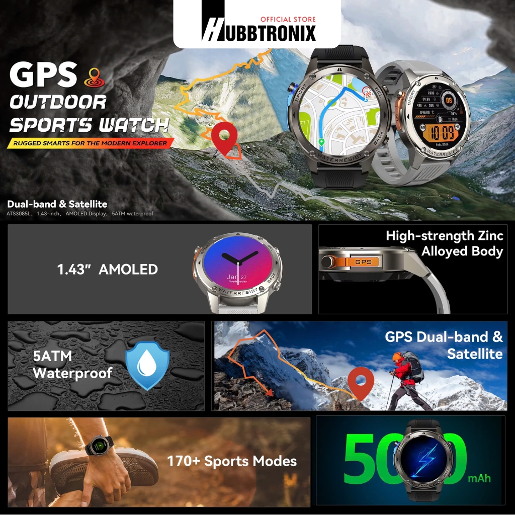 Đồng hồ GPS chạy bộ, Bơi lội , Pin 65 Ngày, Nghe gọi, HubbWatch M56, Chính hãng HUBBTRONIX