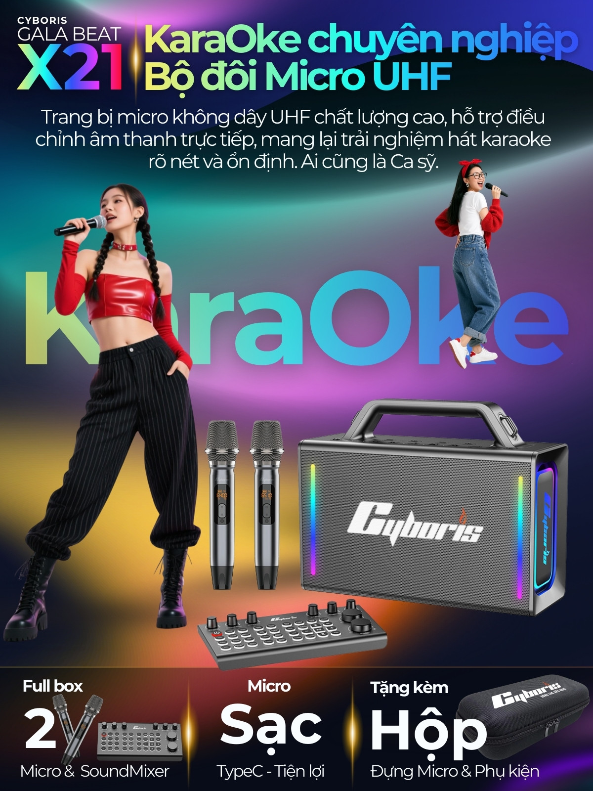 Loa Bluetooth Karaoke Cyboris X21, Công suất 200W, Loa siêu Bass, Chống nước IPX6, Pin 20000mAh.