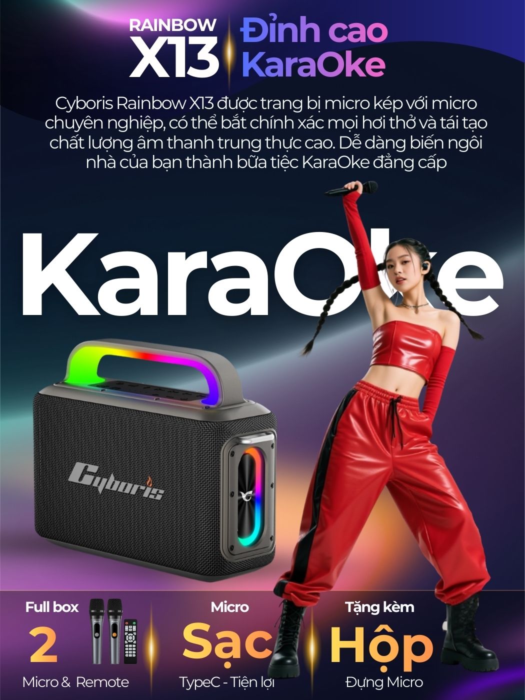 Loa Karaoke Bluetooth Cyboris Rainbow X13 100W | Âm Thanh Đỉnh Cao, Đèn RGB