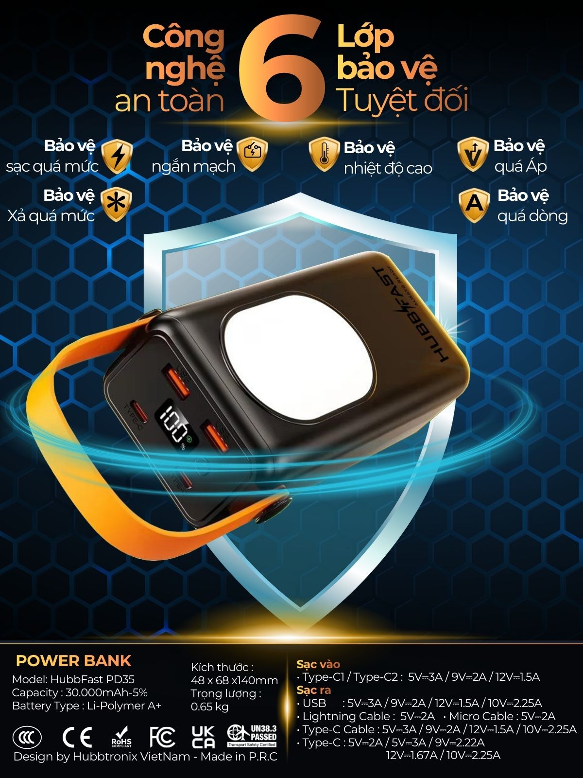 Pin Dự Phòng HUBBFAST PD35 30000mAh Sạc Nhanh PD 22.5W Nhỏ Gọn Type-C Bảo Hành 18 Tháng