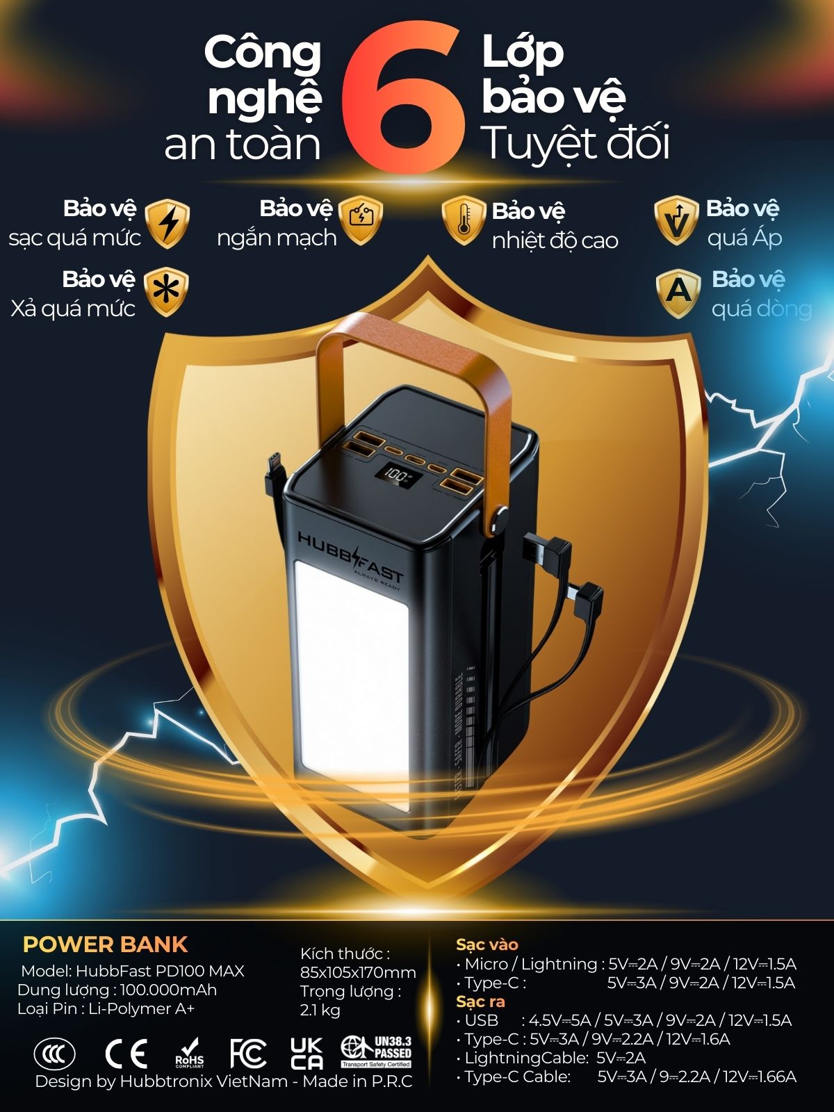 Sạc dự phòng 100000mAh HubbFast PD100 Max – Sạc 7 thiết bị – Đèn 12 ngày – PD QC 22.5W – BH 18T