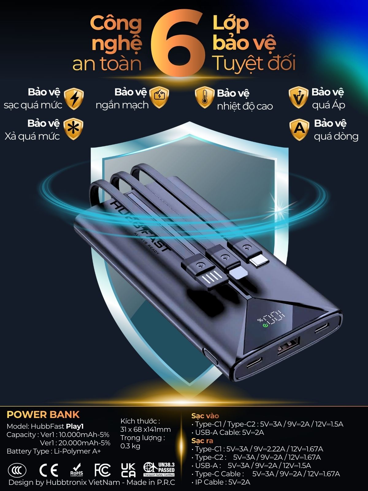 Pin Dự Phòng HUBBFAST PLAY1 20000mAh - Sạc Nhanh PD 22.5W - Nhỏ Gọn - Bảo Hành 18 Tháng