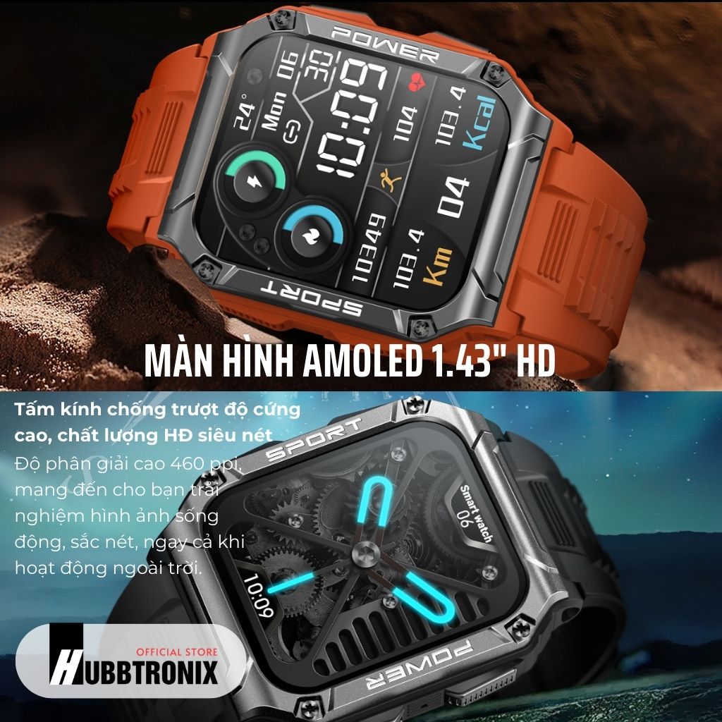 Đồng hồ thể thao, có la bàn, nghe gọi thông minh, Hubb Watch NX6a 1.43"HD, Chính hãng HUBBTRONIX