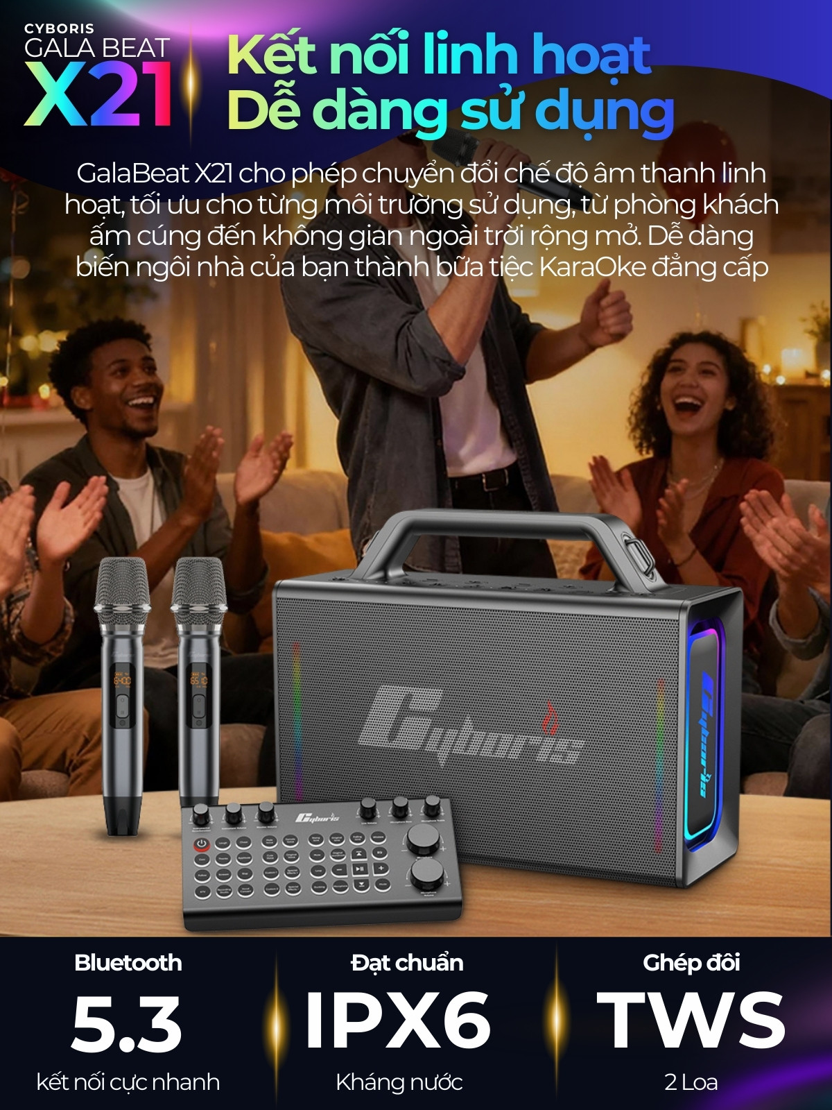 Loa Bluetooth Karaoke Cyboris X21, Công suất 200W, Loa siêu Bass, Chống nước IPX6, Pin 20000mAh.