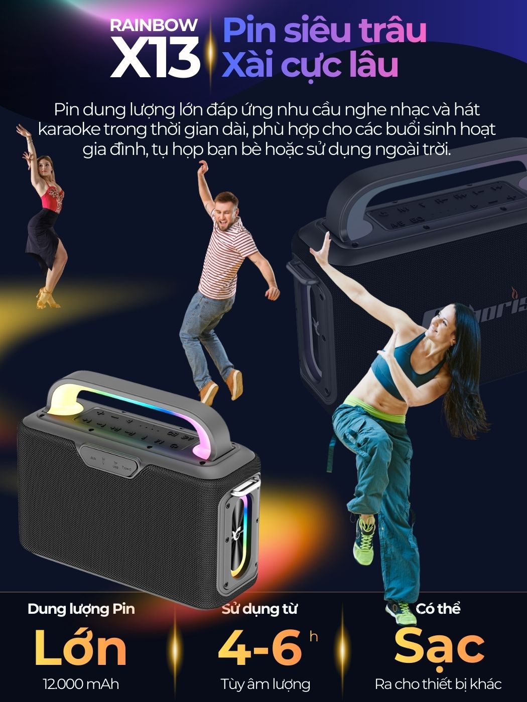 Loa Karaoke Bluetooth Cyboris Rainbow X13 100W | Âm Thanh Đỉnh Cao, Đèn RGB