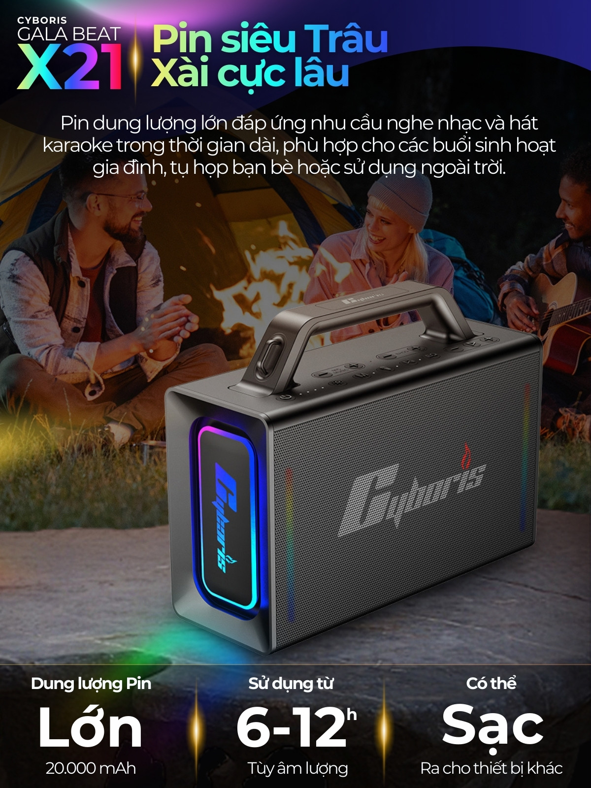 Loa Bluetooth Karaoke Cyboris X21, Công suất 200W, Loa siêu Bass, Chống nước IPX6, Pin 20000mAh.