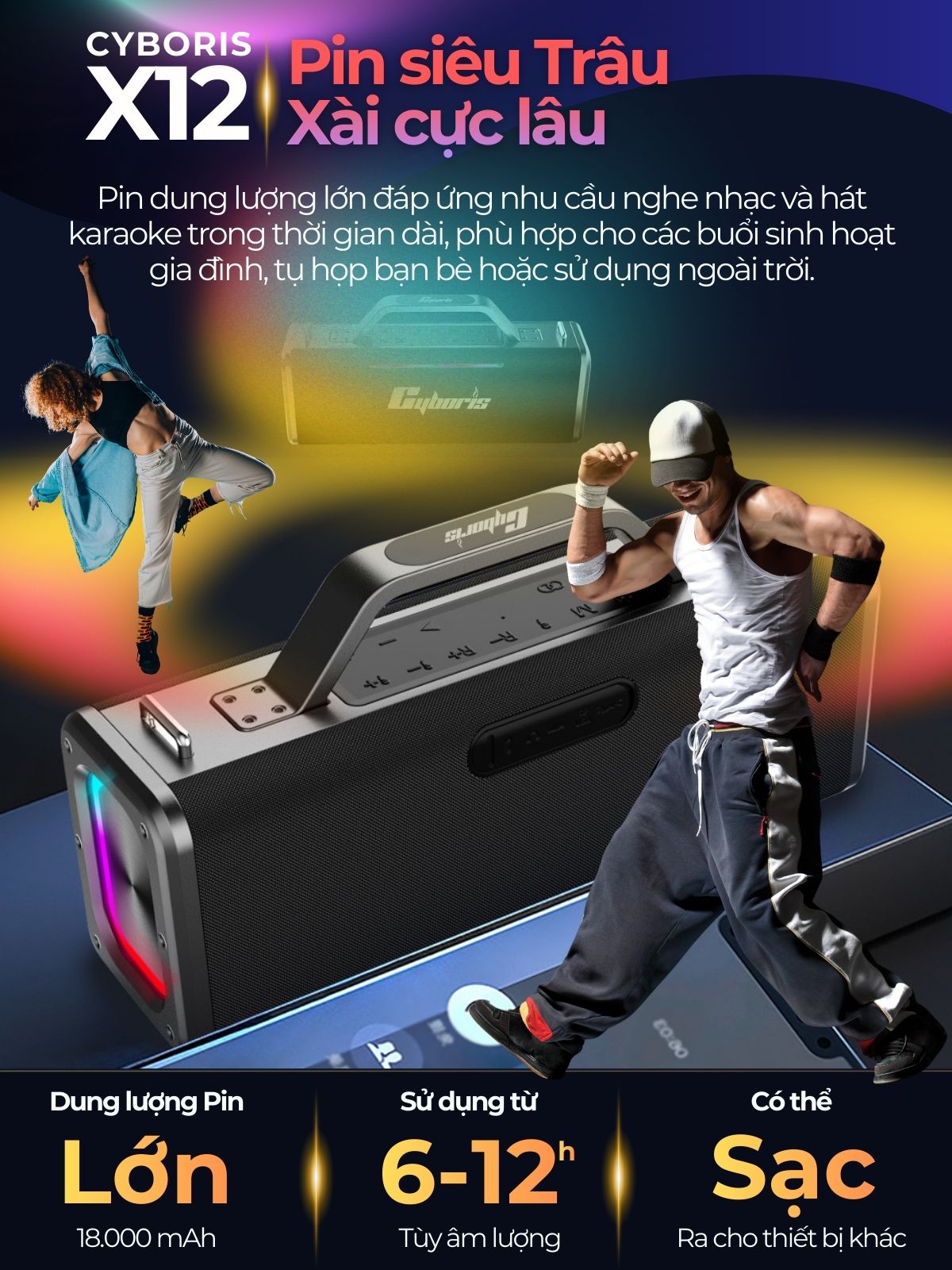 Loa Bluetooth Cyboris X12 200W – Karaoke không dây hoàn hảo