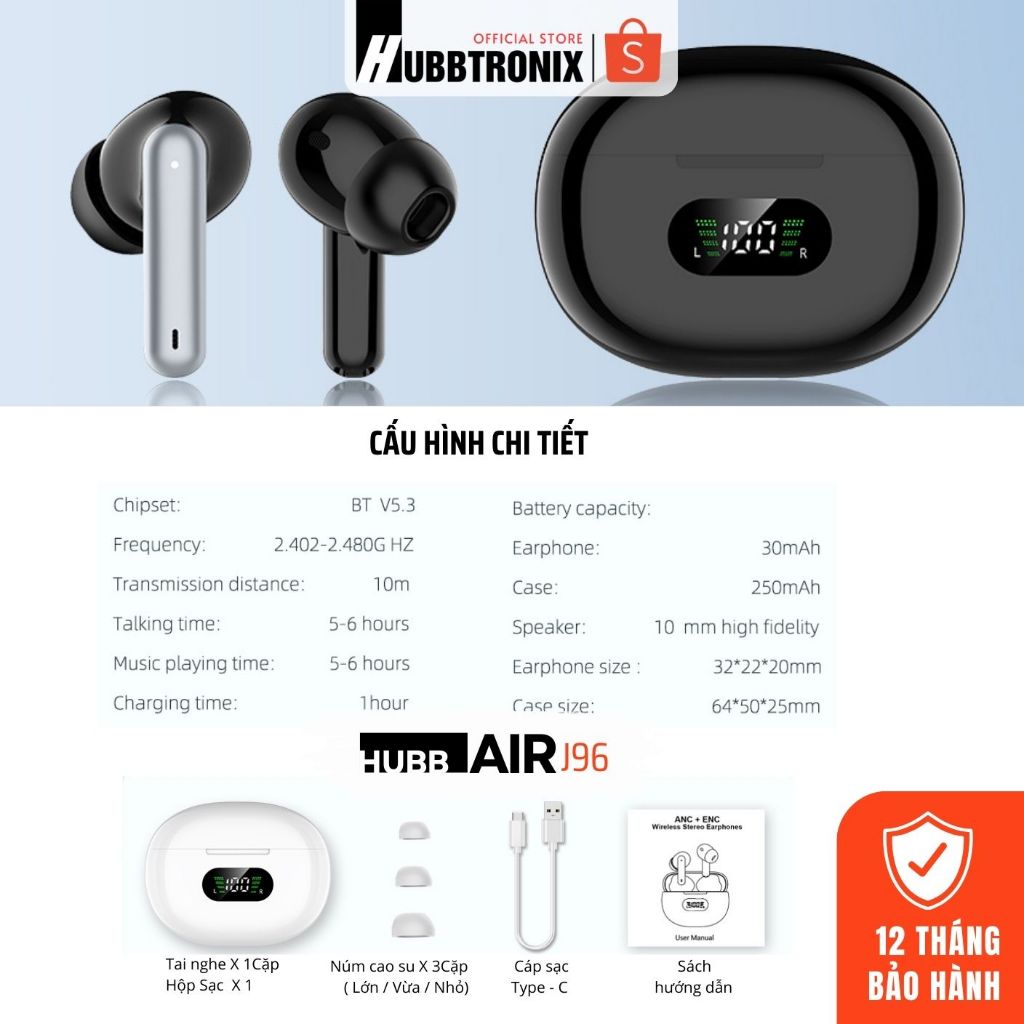 Tai Nghe Bluetooth Màn hình Led, Supper Bass, điều khiển chạm, pin 25h, BH 12 tháng,Hàng chính hãng HUBBTRONIX