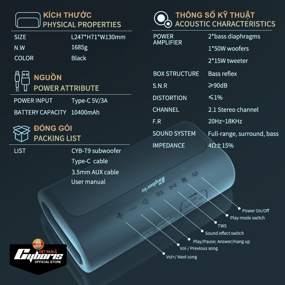 Loa Bluetooth Cyboris-T9 80W - Âm thanh siêu Bass