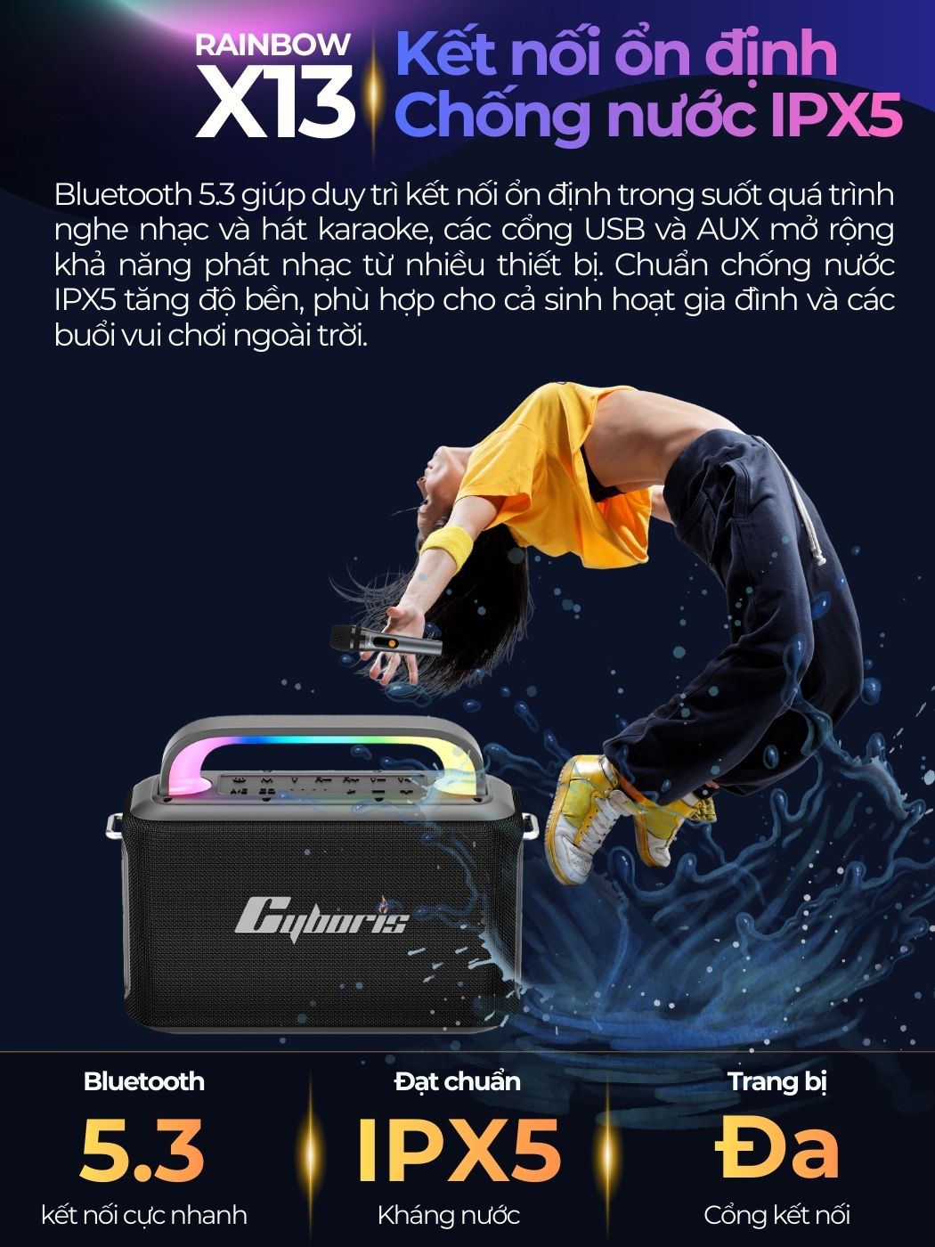 Loa Karaoke Bluetooth Cyboris Rainbow X13 100W | Âm Thanh Đỉnh Cao, Đèn RGB