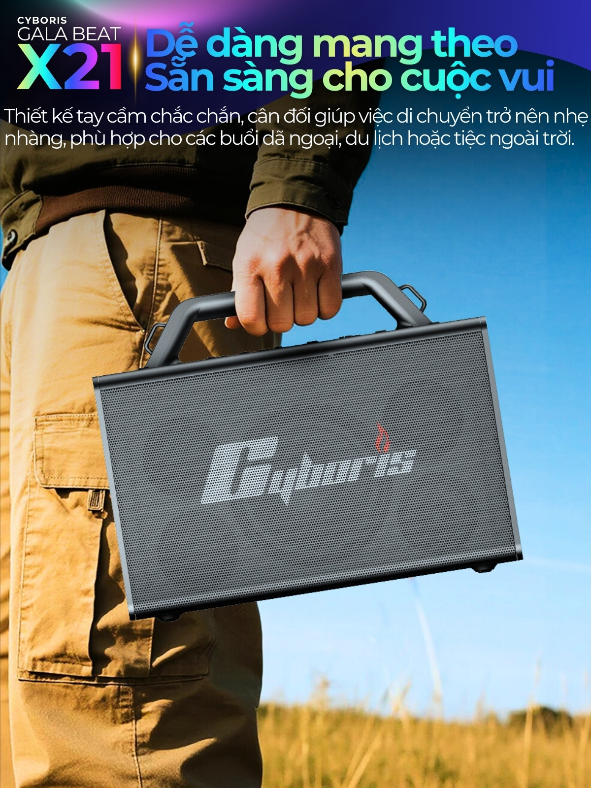 Loa Bluetooth Karaoke Cyboris X21, Công suất 200W, Loa siêu Bass, Chống nước IPX6, Pin 20000mAh.