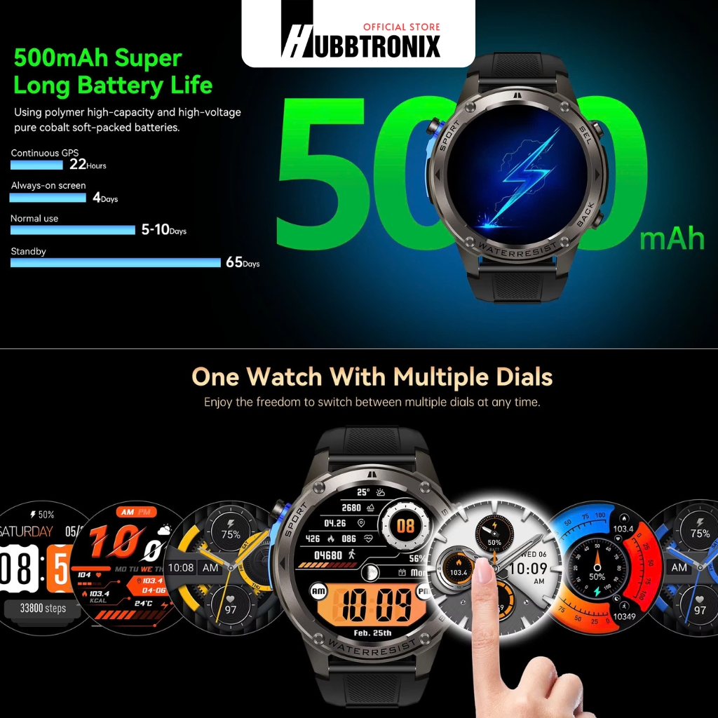 Đồng hồ GPS chạy bộ, Bơi lội , Pin 65 Ngày, Nghe gọi, HubbWatch M56, Chính hãng HUBBTRONIX