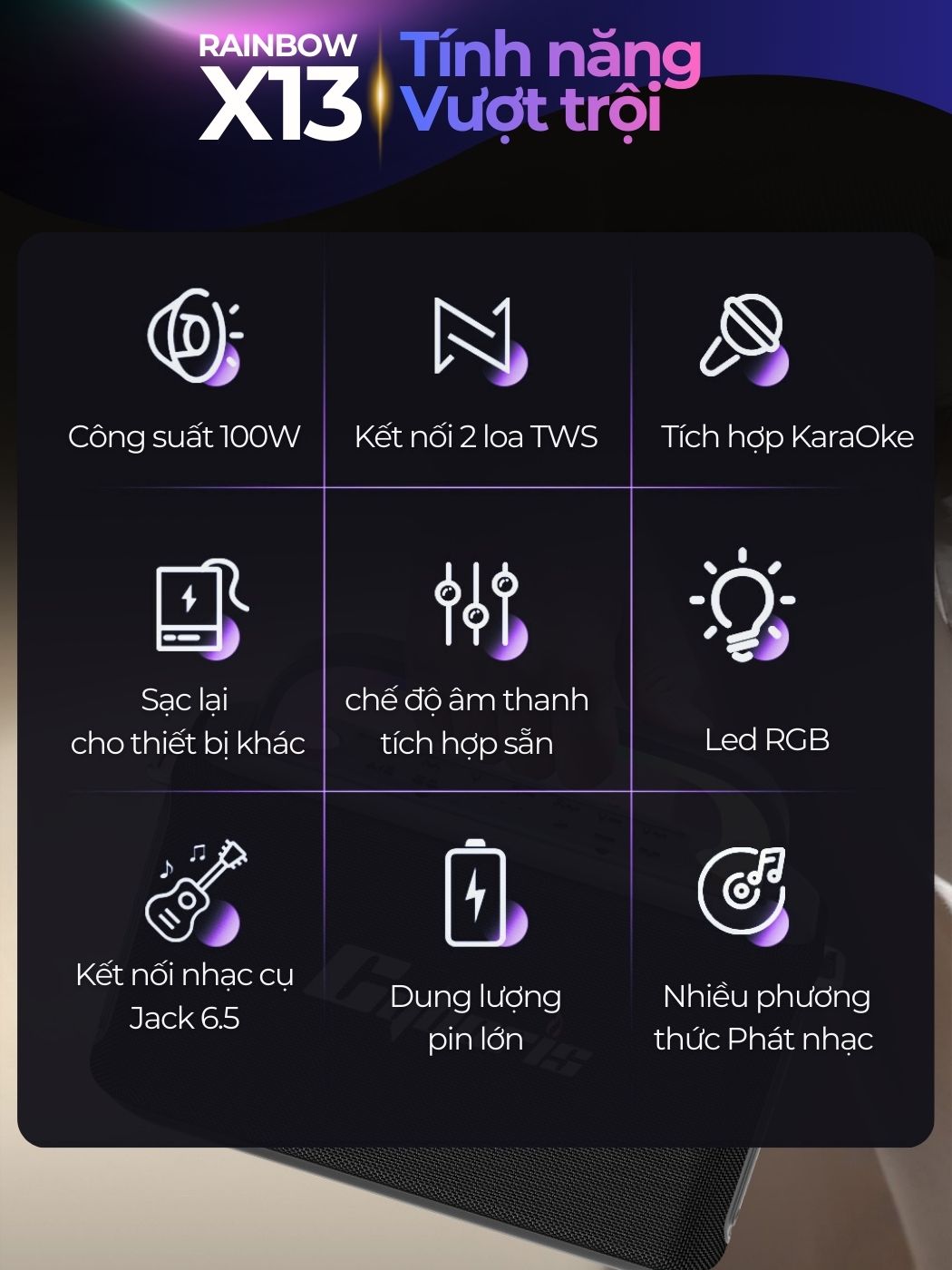 Loa Karaoke Bluetooth Cyboris Rainbow X13 100W | Âm Thanh Đỉnh Cao, Đèn RGB