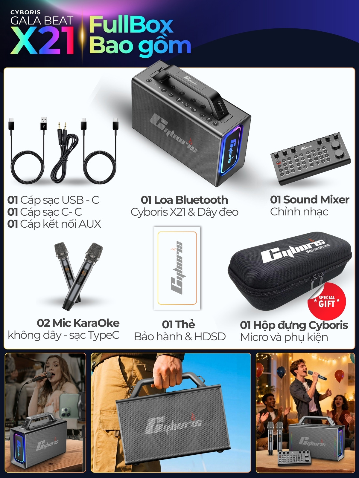 Loa Bluetooth Karaoke Cyboris X21, Công suất 200W, Loa siêu Bass, Chống nước IPX6, Pin 20000mAh.