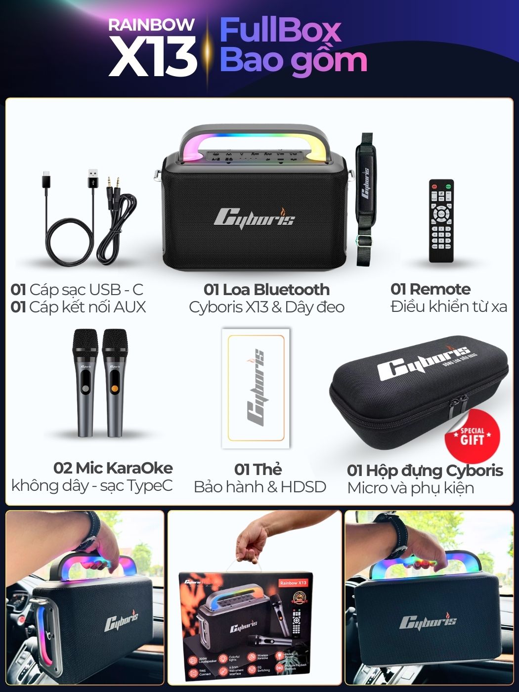 Loa Karaoke Bluetooth Cyboris Rainbow X13 100W | Âm Thanh Đỉnh Cao, Đèn RGB