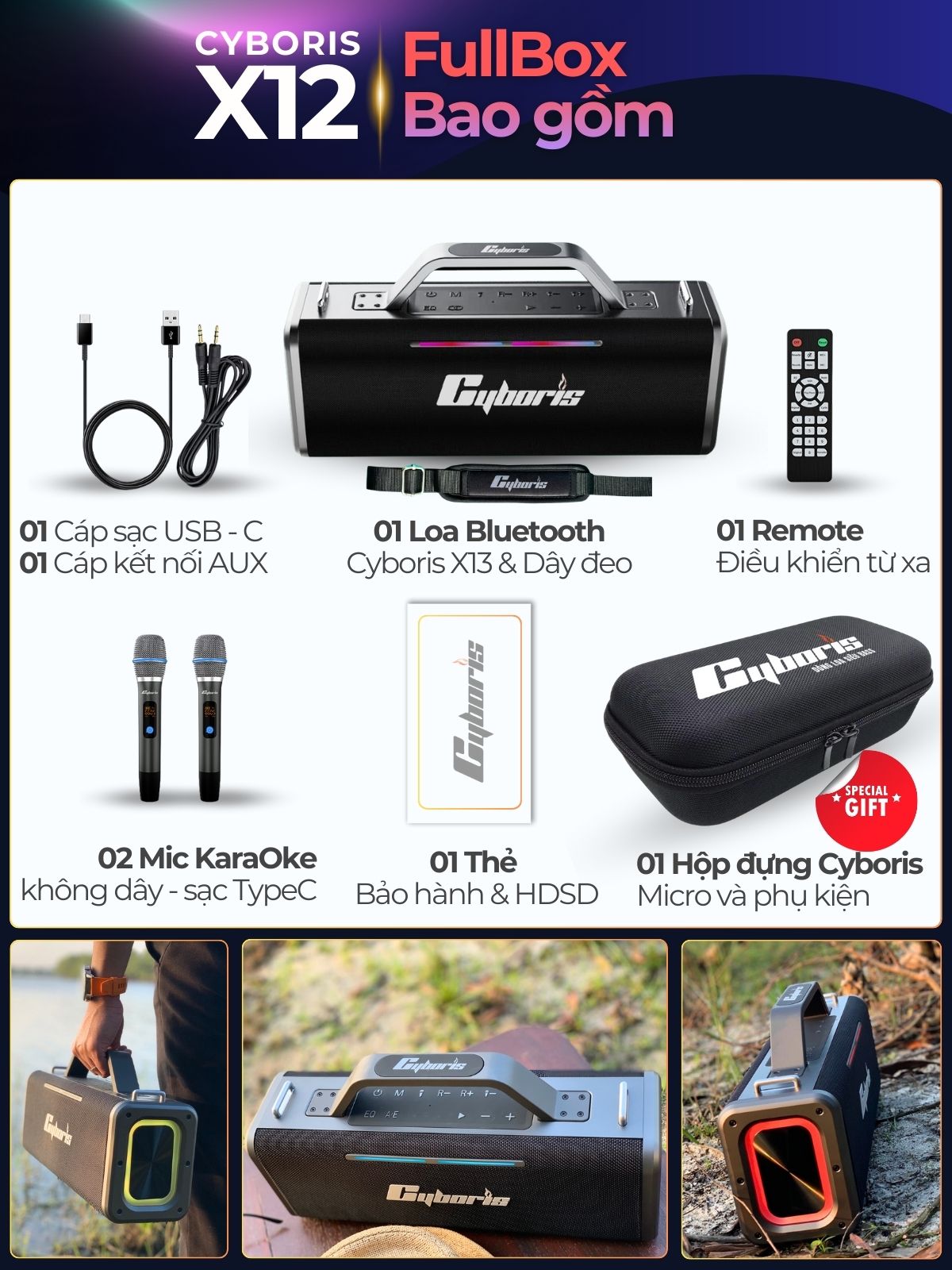 Loa Bluetooth Cyboris X12 200W – Karaoke không dây hoàn hảo