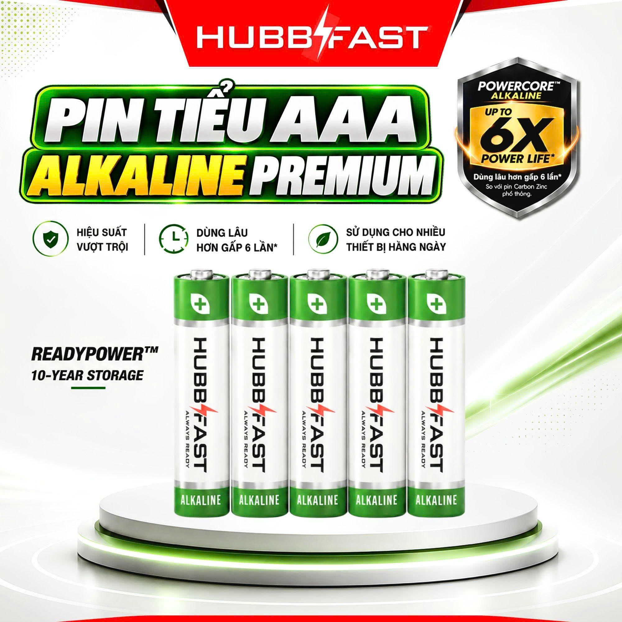 Pin Kiềm AAA HubbFast Premium – Pin Alkaline Cao Cấp 6X Power Life, Dùng Cho Mọi Thiết Bị Gia Đình (Vỉ 4 Viên · 1.5V)