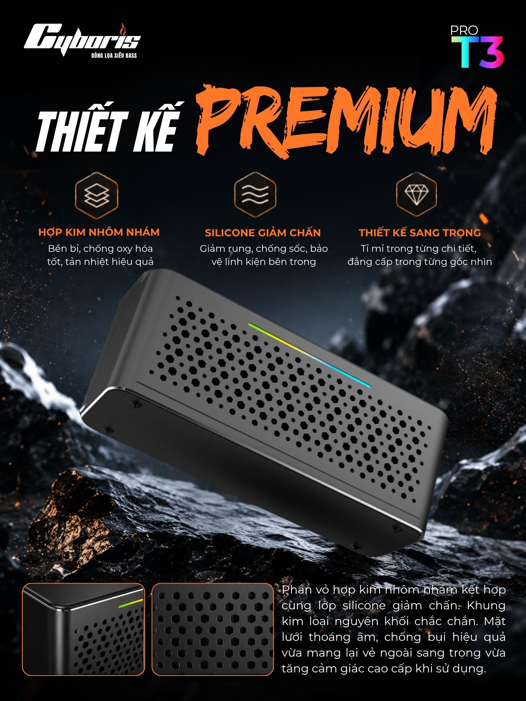 Loa Bluetooth CYBORIS T3 Pro, Công suất 60W, kim loại cao cấp Aluminum – Âm thanh stereo 2 loa, Bass uy lực, RGB, Pin 5000mAh - Chính hãng bảo hành 18 tháng