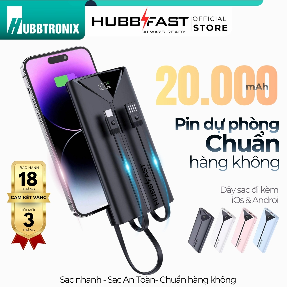 Pin Dự Phòng HUBBFAST PLAY1 20000mAh - Sạc Nhanh PD 22.5W - Nhỏ Gọn - Bảo Hành 18 Tháng