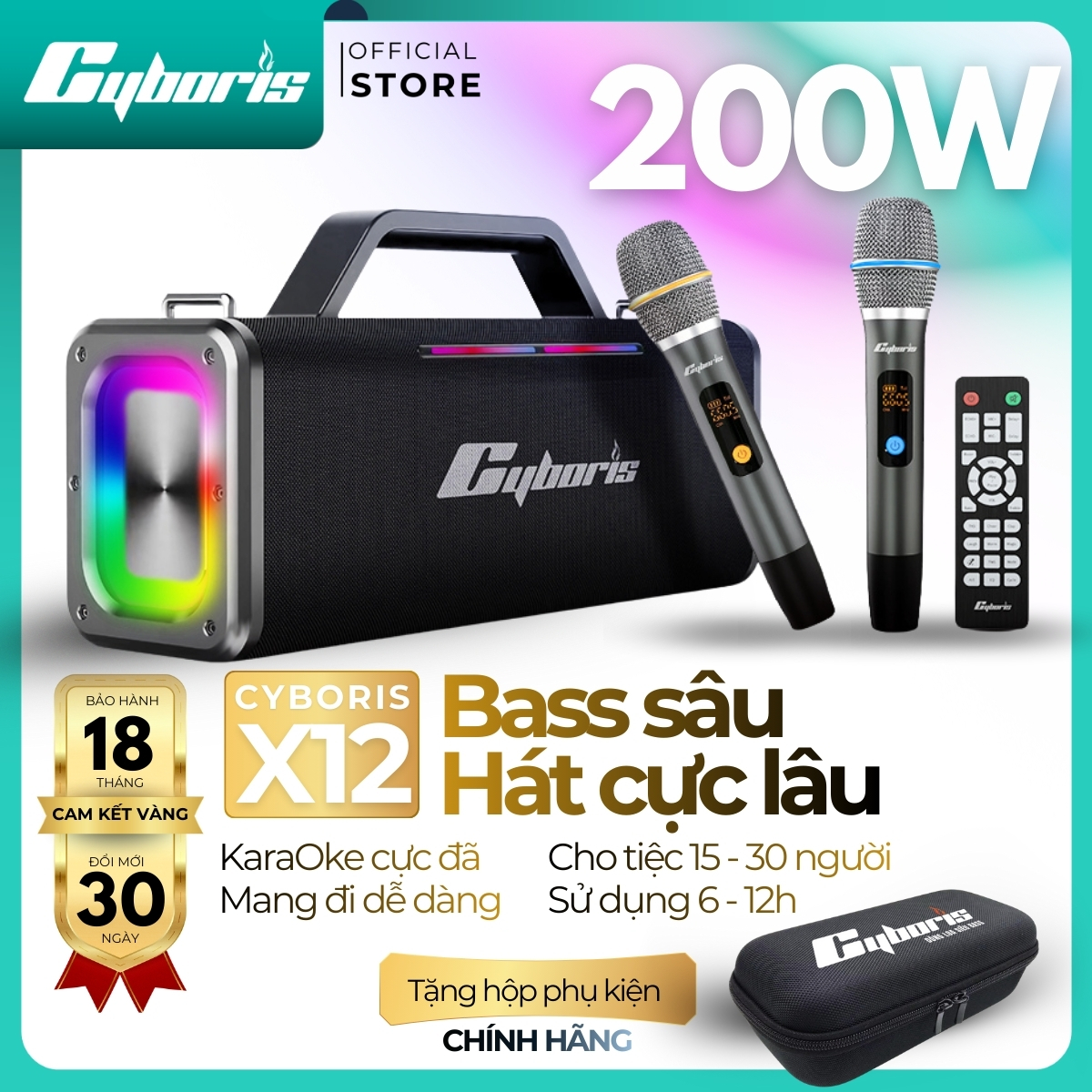Loa Bluetooth Cyboris X12 200W – Karaoke không dây hoàn hảo