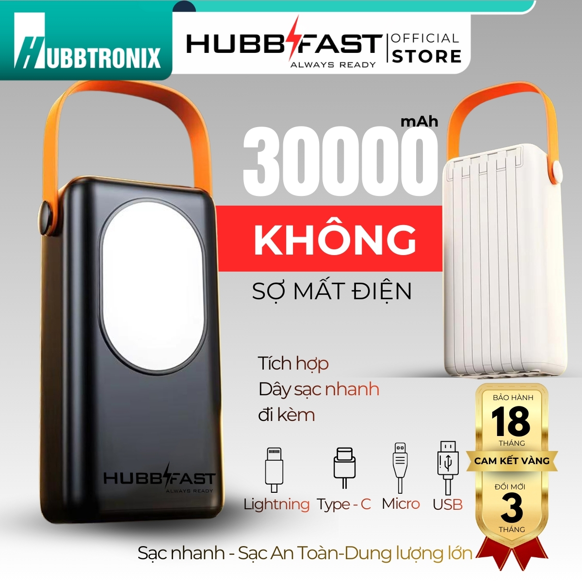 Pin Dự Phòng HUBBFAST PD35 30000mAh Sạc Nhanh PD 22.5W Nhỏ Gọn Type-C Bảo Hành 18 Tháng