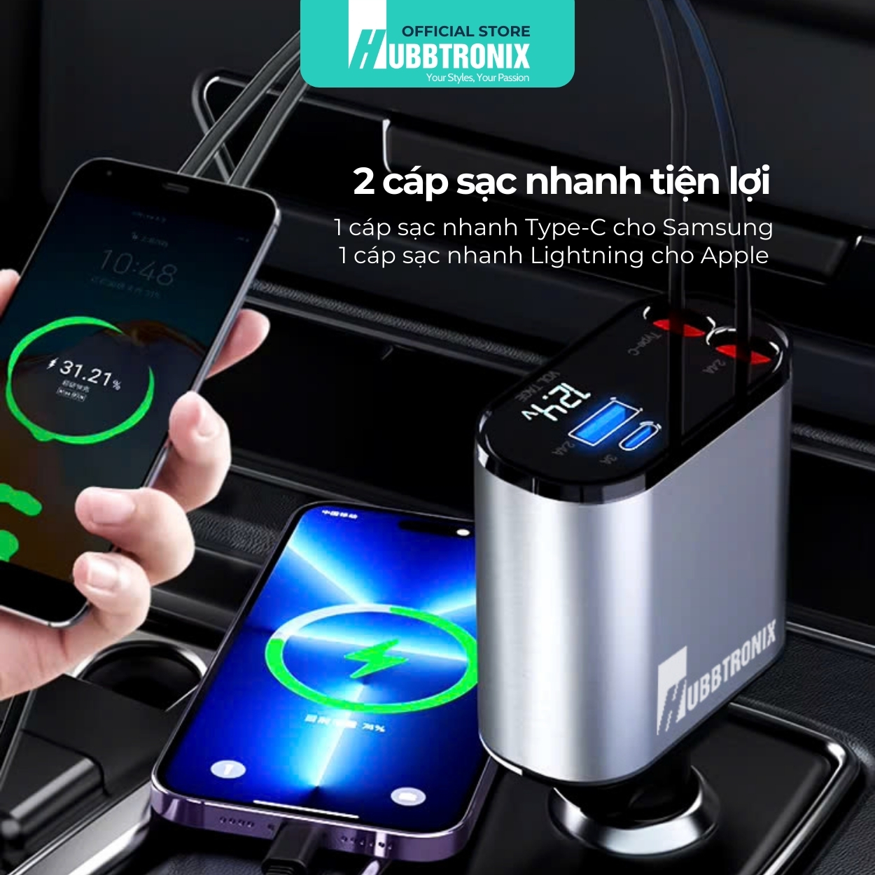 HubbSmart TS03-Tẩu Sạc Ôtô Cao Cấp Đa Năng 4 trong 1- Có dây rút – Sạc Nhanh 120W  Cho Điện Thoại, Laptop,các thiết bị di dộng