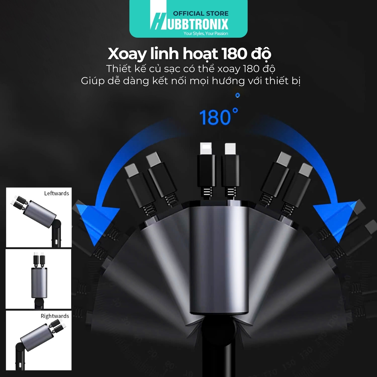HubbSmart TS03-Tẩu Sạc Ôtô Cao Cấp Đa Năng 4 trong 1- Có dây rút – Sạc Nhanh 120W  Cho Điện Thoại, Laptop,các thiết bị di dộng