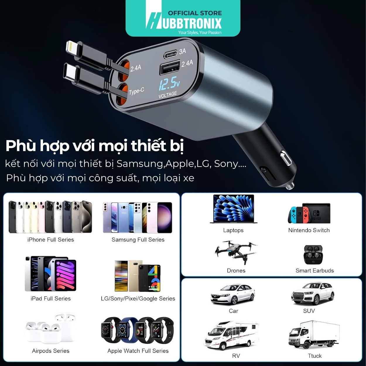 HubbSmart TS03-Tẩu Sạc Ôtô Cao Cấp Đa Năng 4 trong 1- Có dây rút – Sạc Nhanh 120W  Cho Điện Thoại, Laptop,các thiết bị di dộng