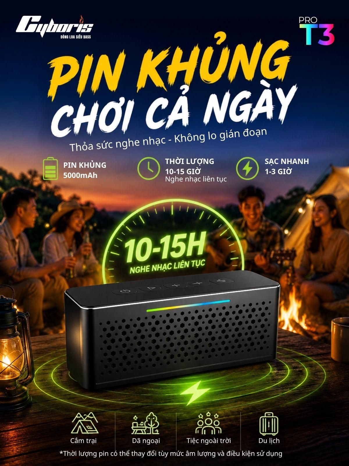 Loa Bluetooth CYBORIS T3 Pro, Công suất 60W, kim loại cao cấp Aluminum – Âm thanh stereo 2 loa, Bass uy lực, RGB, Pin 5000mAh - Chính hãng bảo hành 18 tháng