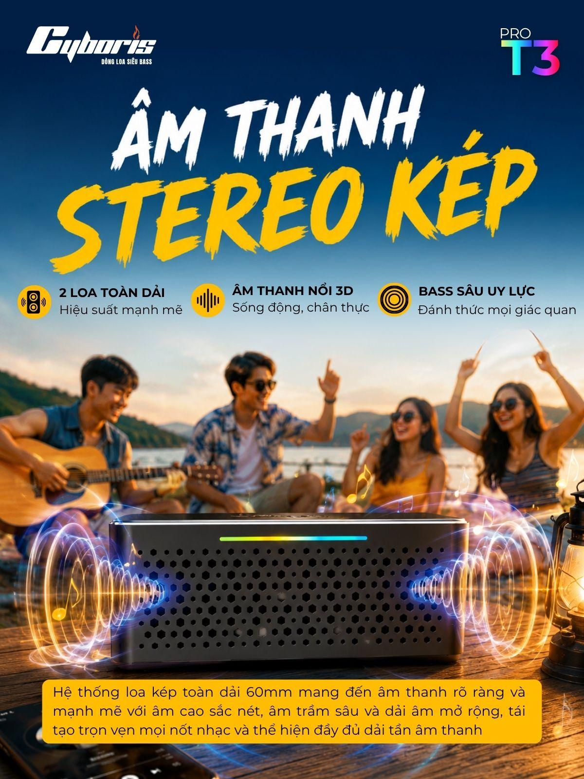 Loa Bluetooth CYBORIS T3 Pro, Công suất 60W, kim loại cao cấp Aluminum – Âm thanh stereo 2 loa, Bass uy lực, RGB, Pin 5000mAh - Chính hãng bảo hành 18 tháng