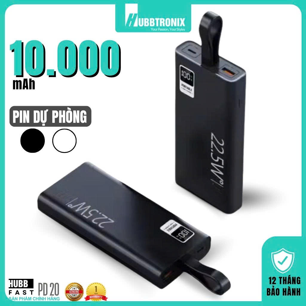 HubbFast PD20. Sạc dự phòng Siêu Nhanh, Dung lượng lớn, 10.000mAh. Hổ trợ sạc nhanh, thiết kế tiện dụng