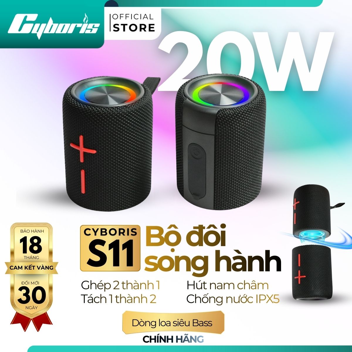 Loa Bluetooth chính hãng 2 trong 1 Cyboris S11 | Tách Rời Nam Châm, Âm Thanh Hi-Fi