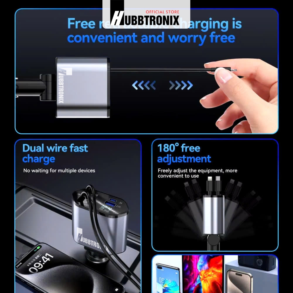 HubbSmart TS04. Tẩu Sạc Ôtô Đa Năng 4 trong 1- Có dây rút – Sạc Nhanh 120W  Cho Điện Thoại, Laptop, Và Máy Ảnh