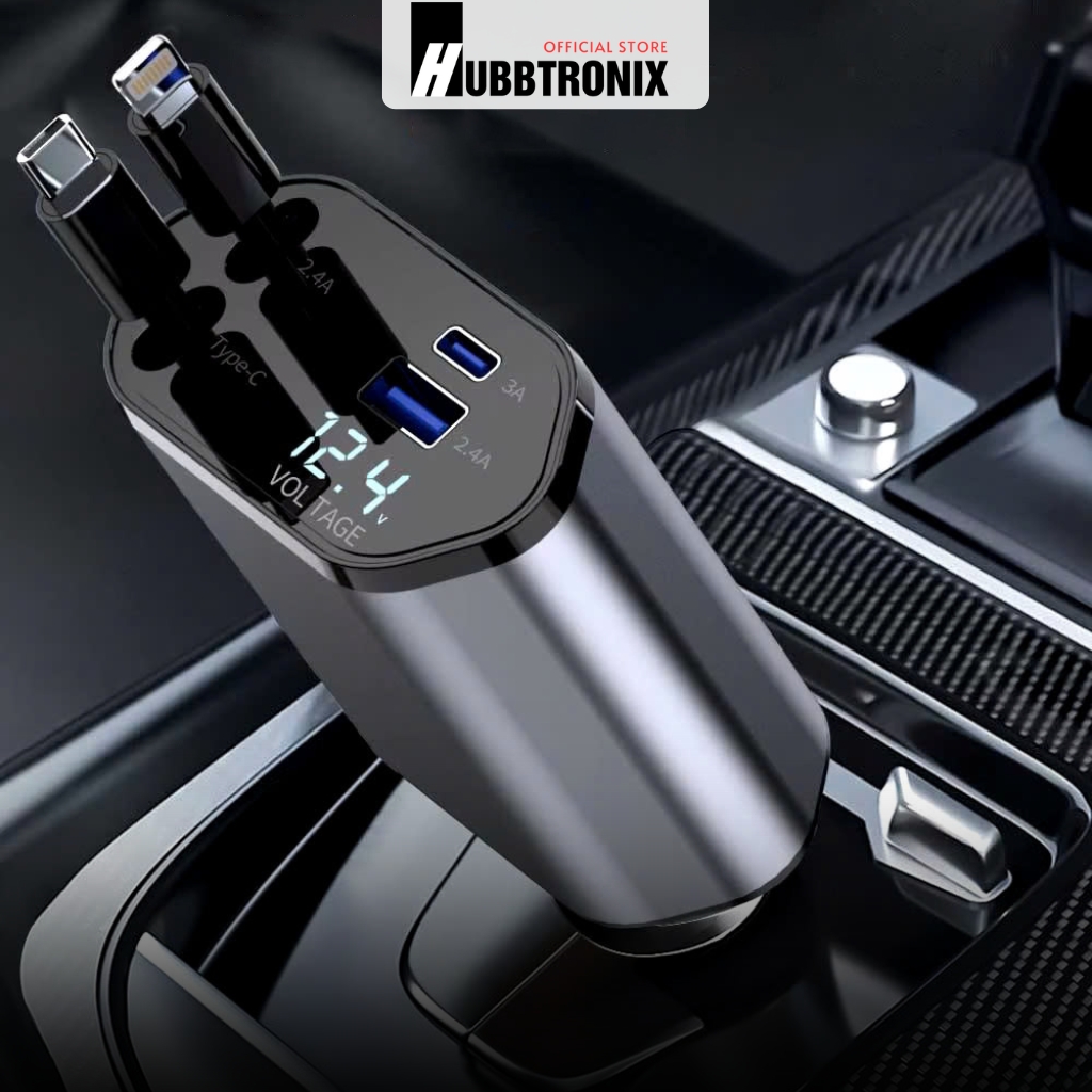 HubbSmart TS04. Tẩu Sạc Ôtô Đa Năng 4 trong 1- Có dây rút – Sạc Nhanh 120W  Cho Điện Thoại, Laptop, Và Máy Ảnh