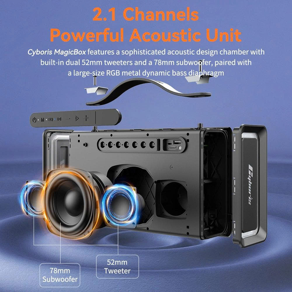 Loa Bluetooth Cyboris MagicBox T15 | 100W, Âm Thanh 2.1 kênh, Đèn RGB