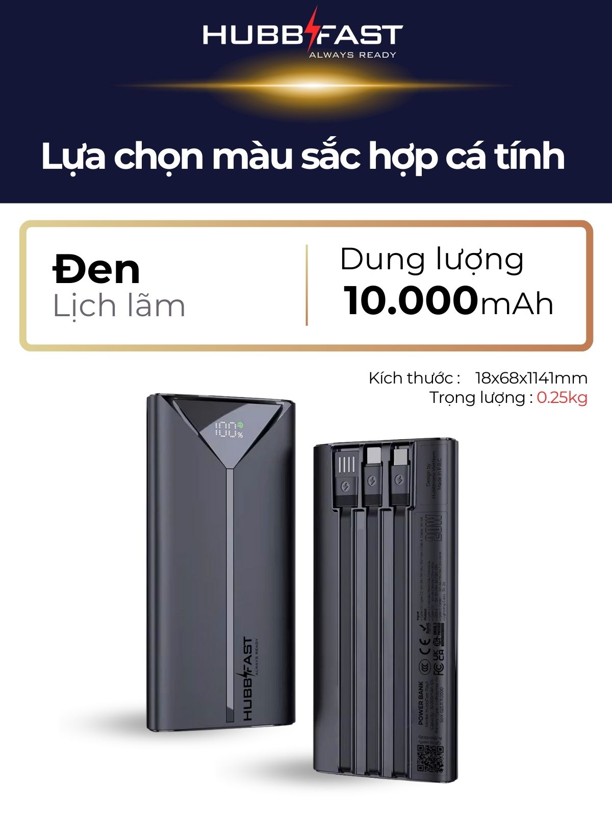 Pin Dự Phòng HUBBFAST PLAY1 20000mAh - Sạc Nhanh PD 22.5W - Nhỏ Gọn - Bảo Hành 18 Tháng