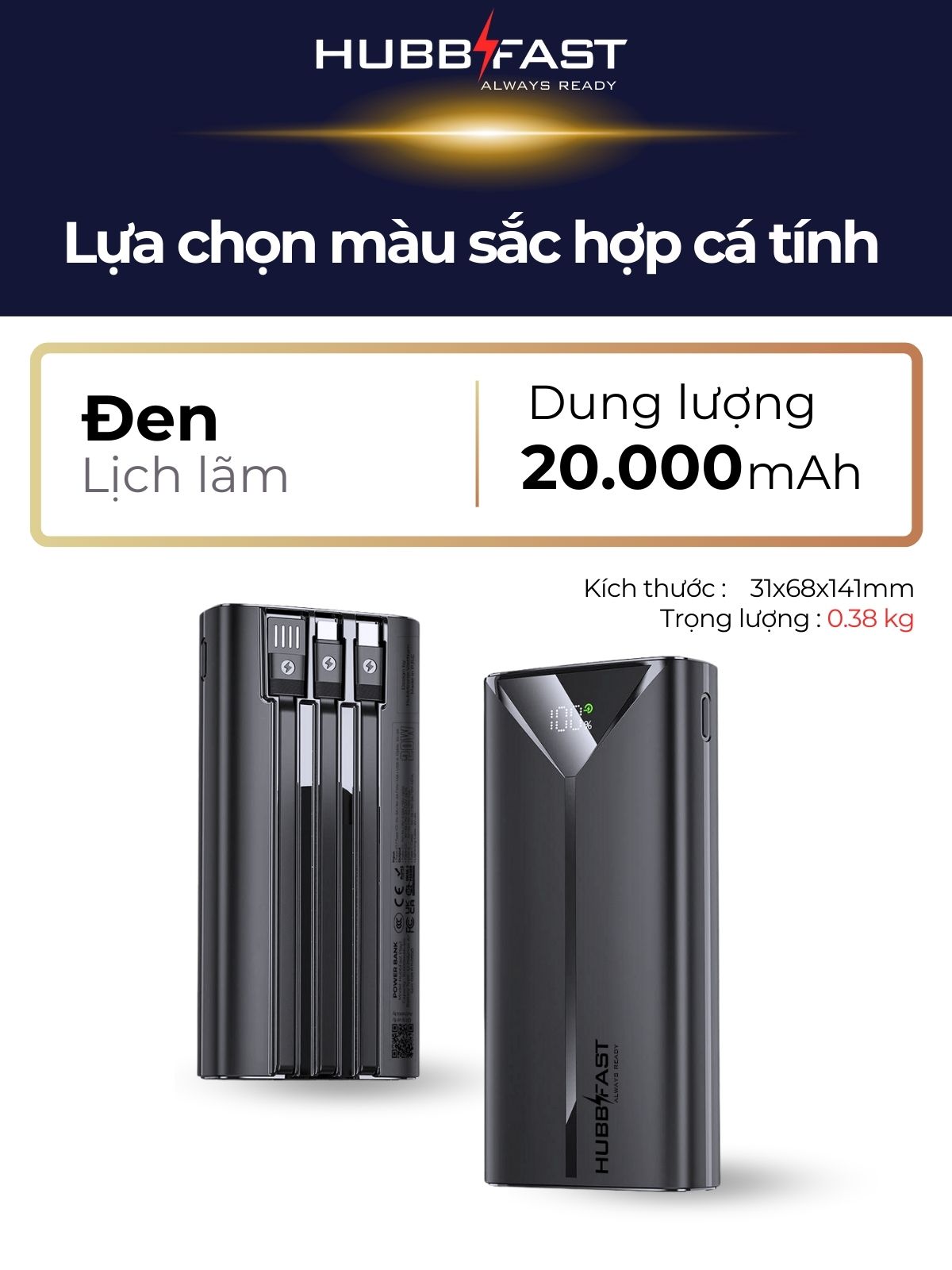 Pin Dự Phòng HUBBFAST PLAY1 20000mAh - Sạc Nhanh PD 22.5W - Nhỏ Gọn - Bảo Hành 18 Tháng