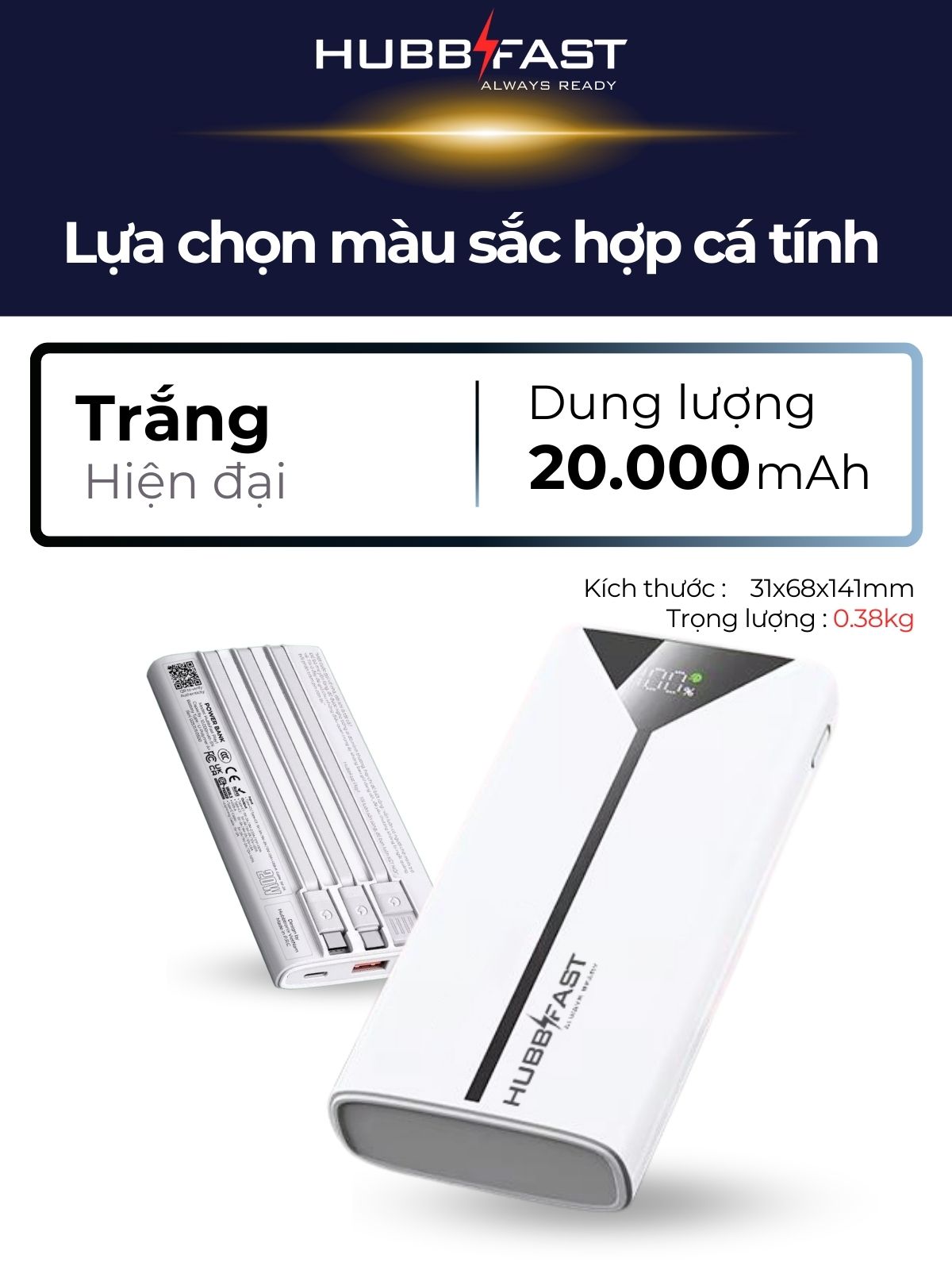 Pin Dự Phòng HUBBFAST PLAY1 20000mAh - Sạc Nhanh PD 22.5W - Nhỏ Gọn - Bảo Hành 18 Tháng