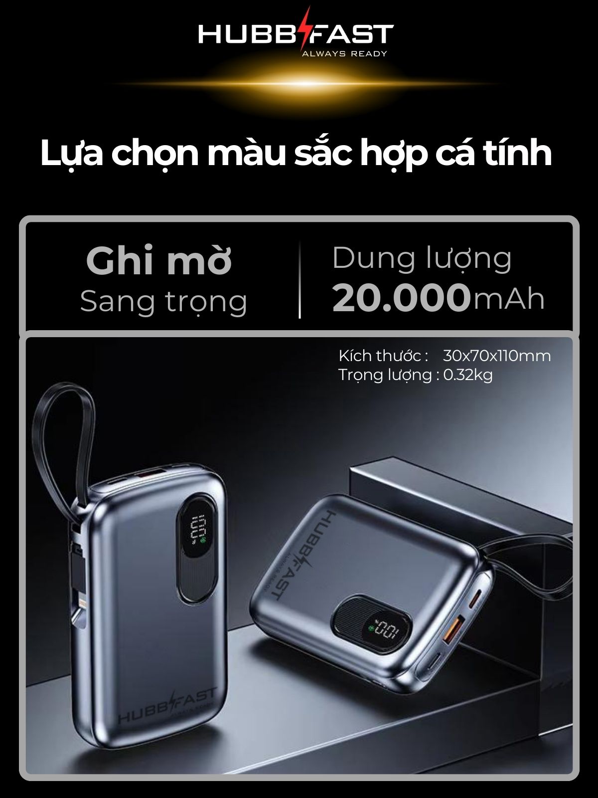Sạc dự phòng cầm tay HubbFast ECO21 20000mAh 22.5W – Màn hình LED – Dây sạc tích hợp – Siêu nhỏ gọn
