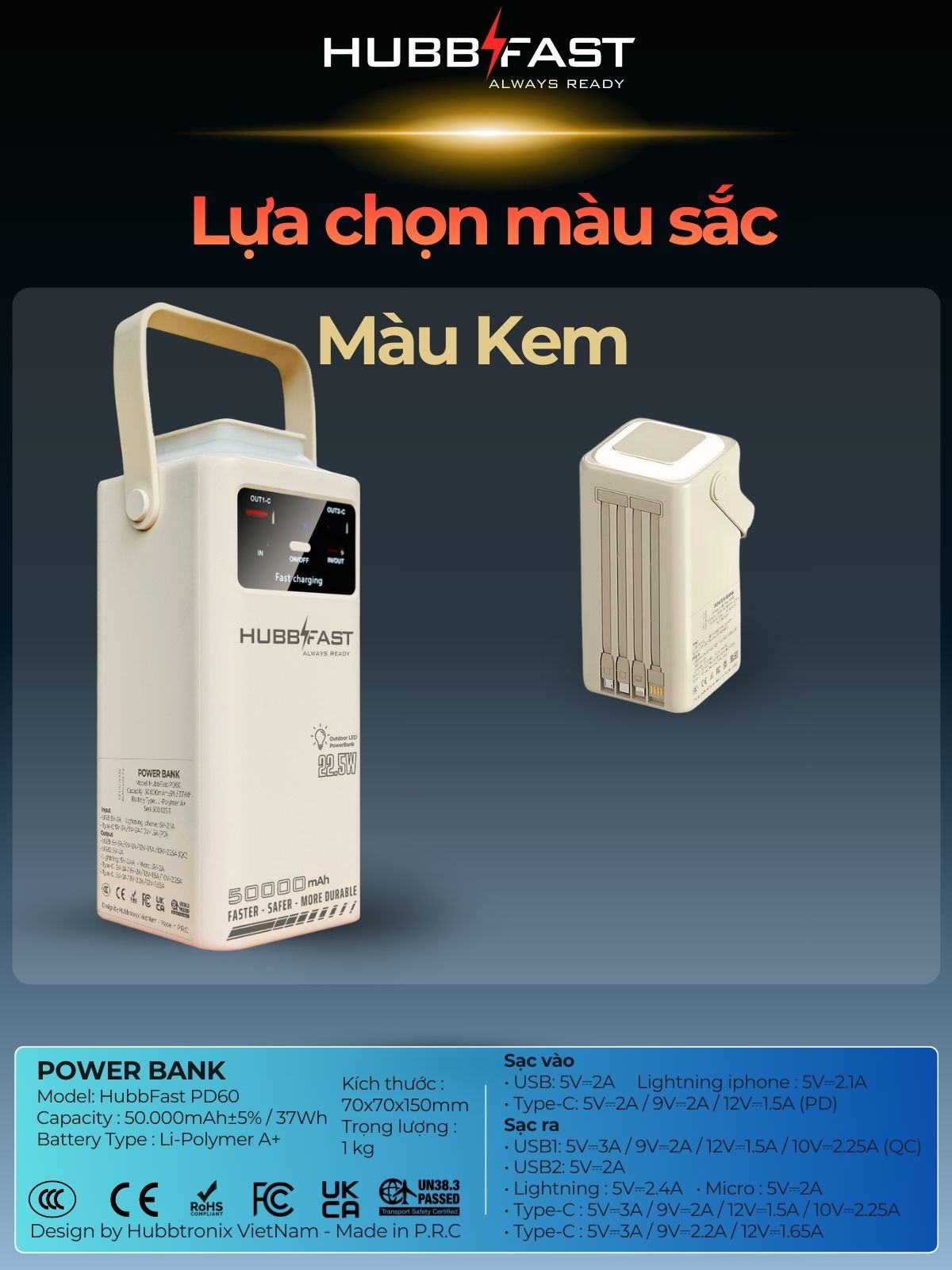 Pin sạc dự phòng HubbFast PD60 50000mAh sạc nhanh 22.5W, đèn LED, tích hợp 4 cáp, sạc cùng lúc nhiều thiết bị, bảo hành 18 tháng