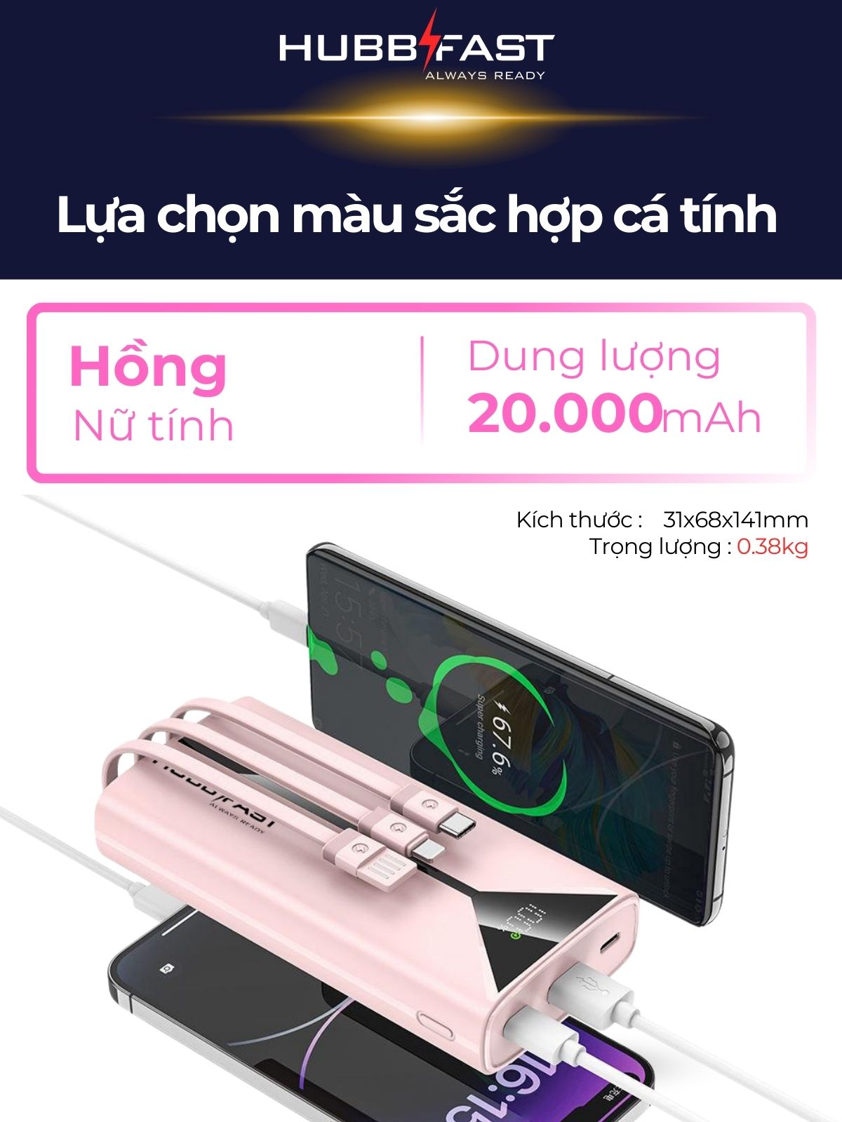 Pin Dự Phòng HUBBFAST PLAY1 20000mAh - Sạc Nhanh PD 22.5W - Nhỏ Gọn - Bảo Hành 18 Tháng