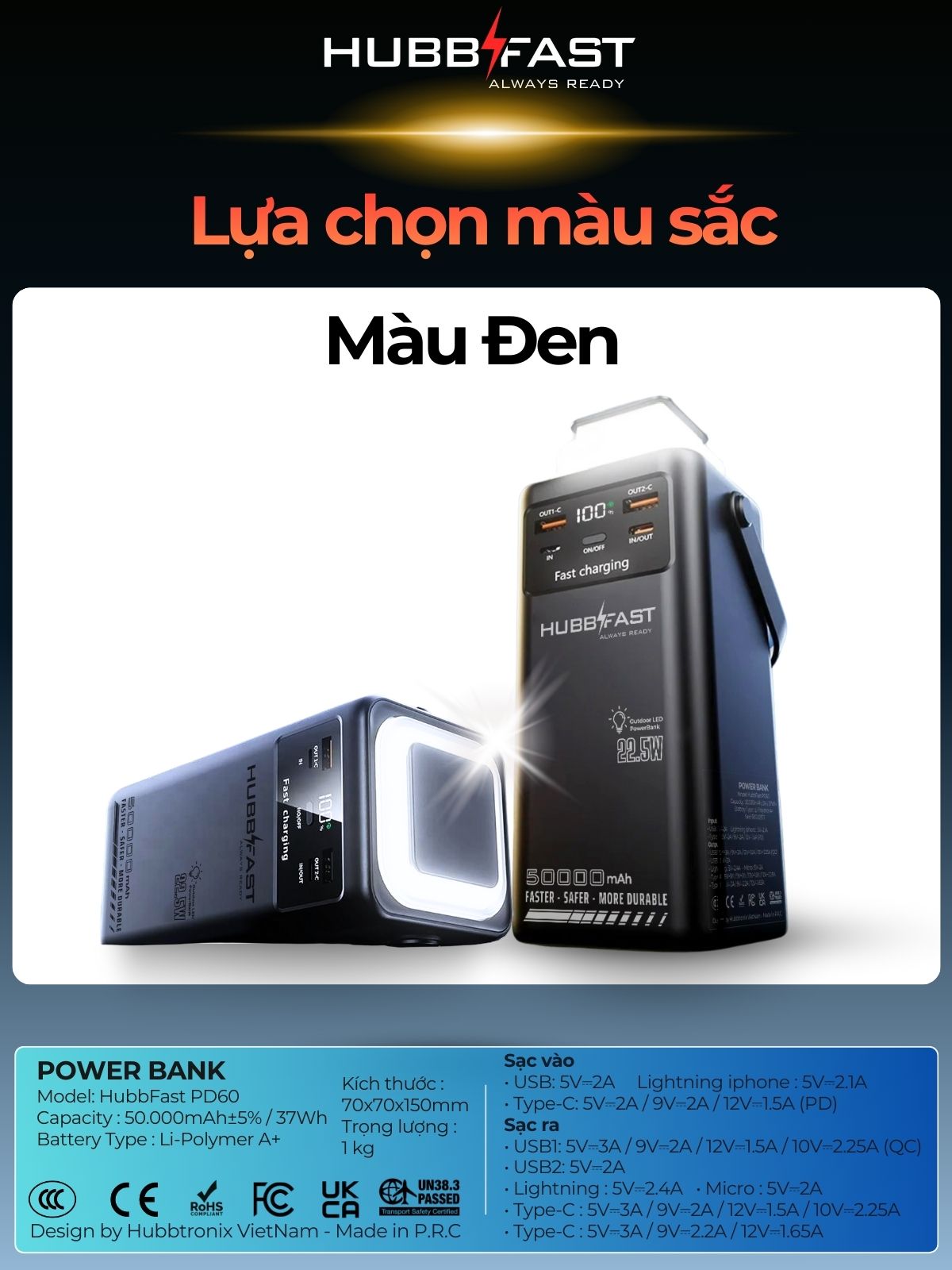 Pin sạc dự phòng HubbFast PD60 50000mAh sạc nhanh 22.5W, đèn LED, tích hợp 4 cáp, sạc cùng lúc nhiều thiết bị, bảo hành 18 tháng