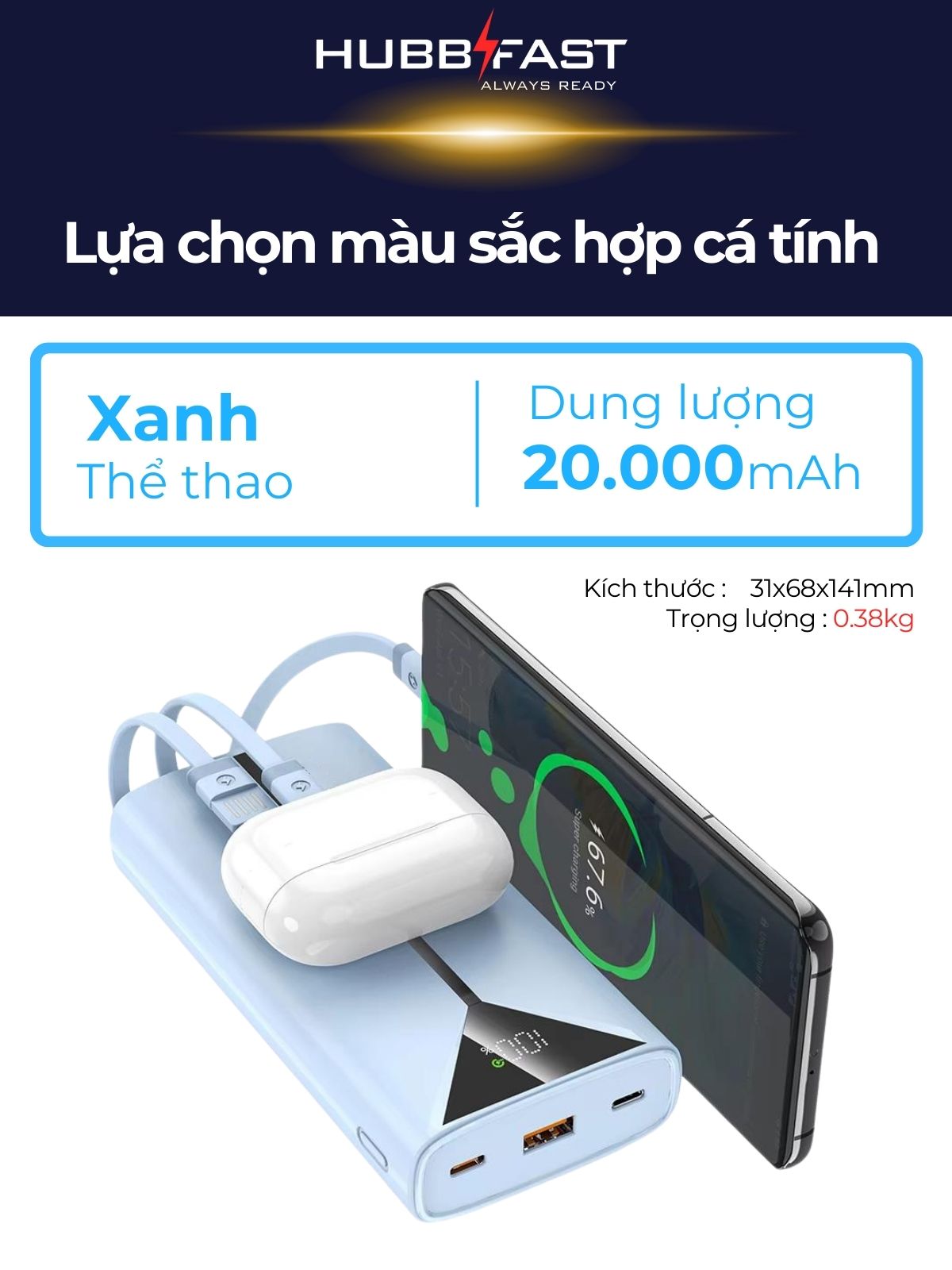 Pin Dự Phòng HUBBFAST PLAY1 20000mAh - Sạc Nhanh PD 22.5W - Nhỏ Gọn - Bảo Hành 18 Tháng