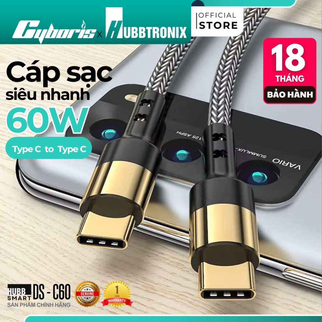 Cáp sạc nhanh HUBBTRONIX DS-Turbo 100W Type-C to Type-C - Hỗ trợ PD, sạc siêu tốc, chống rối