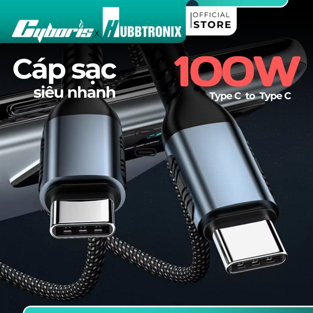 Cáp sạc nhanh HUBBTRONIX DS-Turbo 100W Type-C to Type-C - Hỗ trợ PD, sạc siêu tốc, chống rối