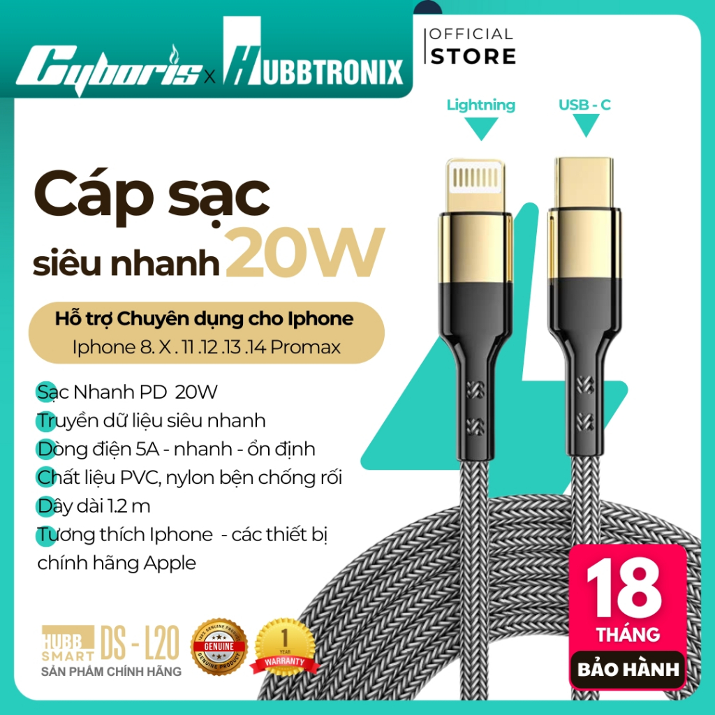 Cáp sạc nhanh HUBBTRONIX DS-Turbo 100W Type-C to Type-C - Hỗ trợ PD, sạc siêu tốc, chống rối