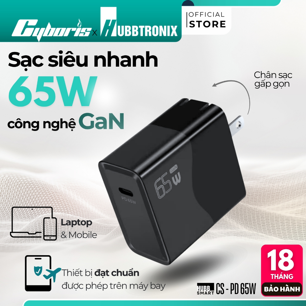 Cốc Sạc Nhanh Công suất - PD65W HubbSmart 3.0, Type-C, Sạc Laptop/Điện Thoại, Chính Hãng,BH 18 Tháng
