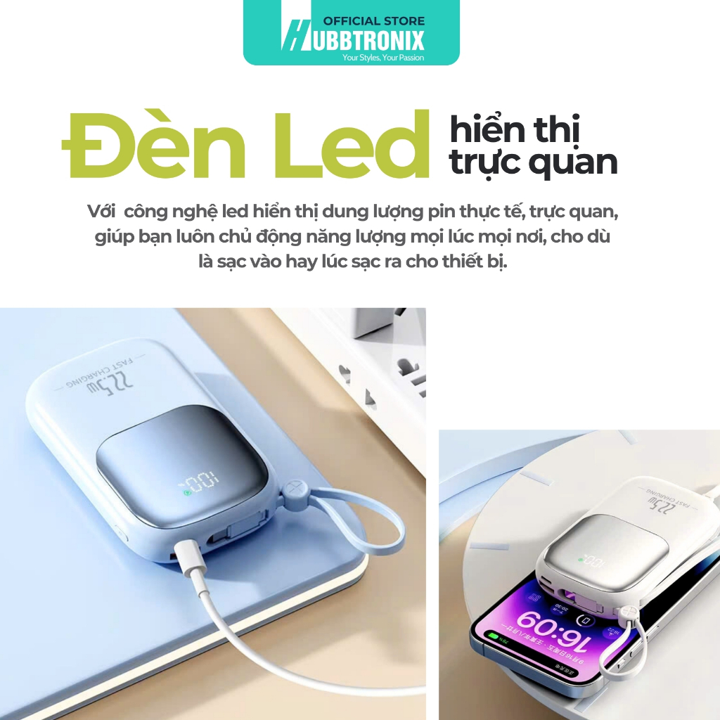Sạc Dự Phòng HUBBFAST-ECO20 20.000mAh. Hỗ Trợ Sạc Nhanh, Kèm Dây, Màn Hình LED Hiển Thị Dung Lượng